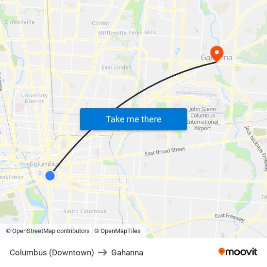 Columbus (Downtown) to Gahanna map