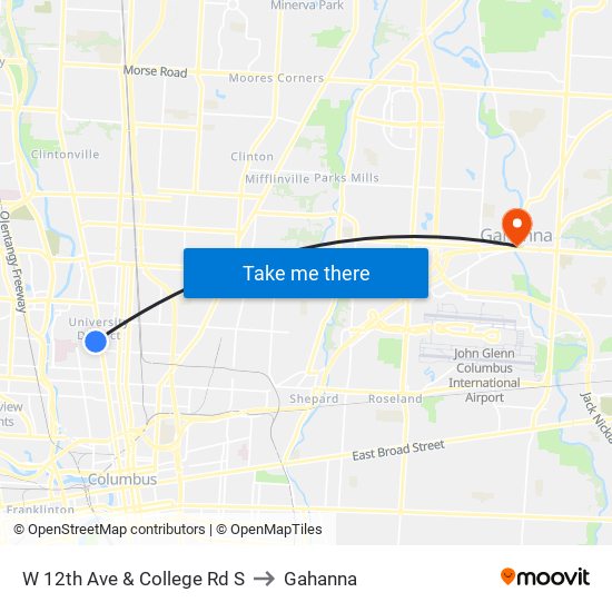 W 12th Ave & College Rd S to Gahanna map