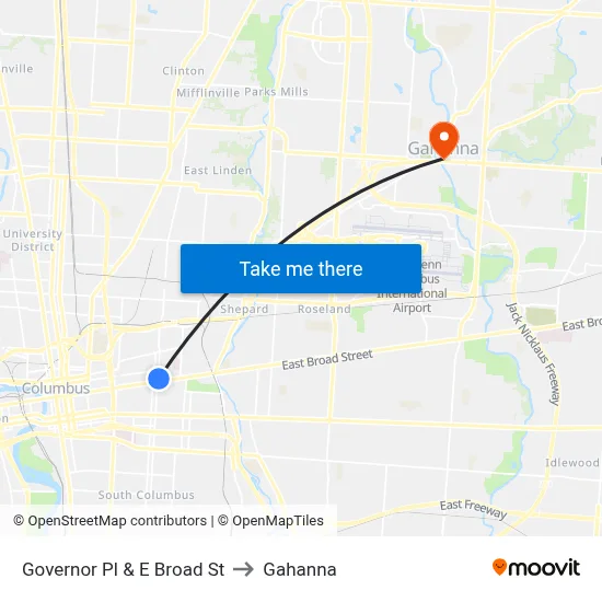 Governor Pl & E Broad St to Gahanna map