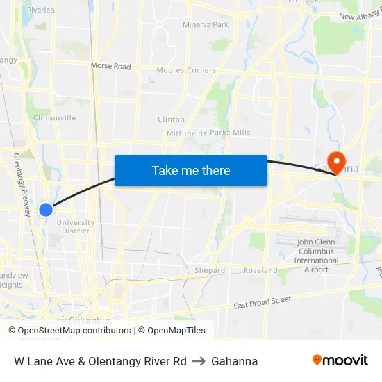 W Lane Ave & Olentangy River Rd to Gahanna map