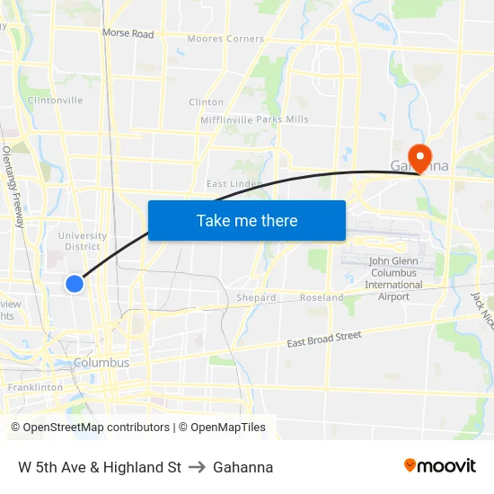 W 5th Ave & Highland St to Gahanna map