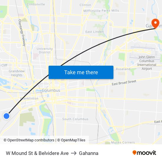 W Mound St & Belvidere Ave to Gahanna map