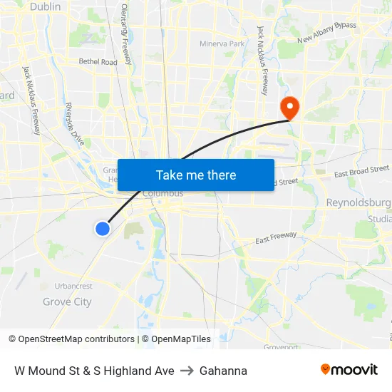 W Mound St & S Highland Ave to Gahanna map
