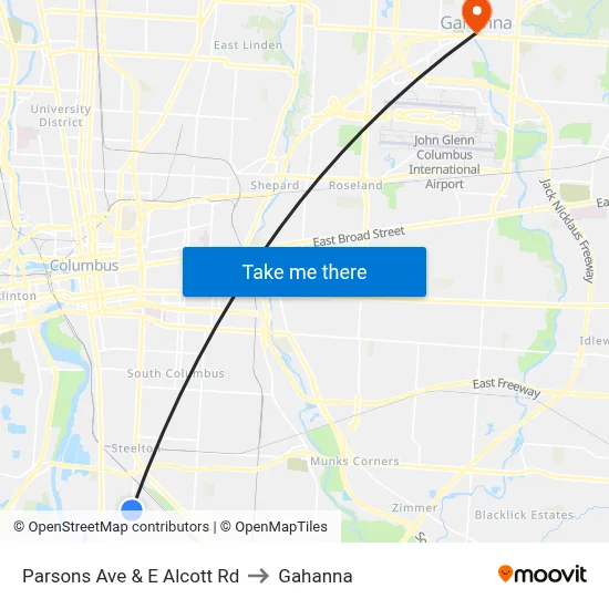 Parsons Ave & E Alcott Rd to Gahanna map