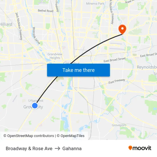 Broadway & Rose Ave to Gahanna map