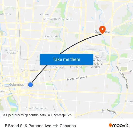 E Broad St & Parsons Ave to Gahanna map