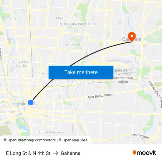 E Long St & N 4th St to Gahanna map