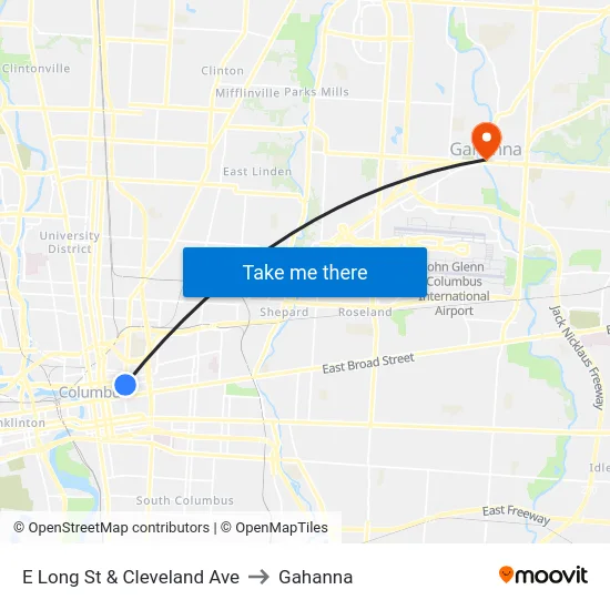 E Long St & Cleveland Ave to Gahanna map