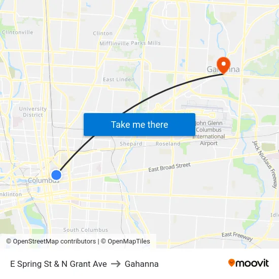 E Spring St & N Grant Ave to Gahanna map
