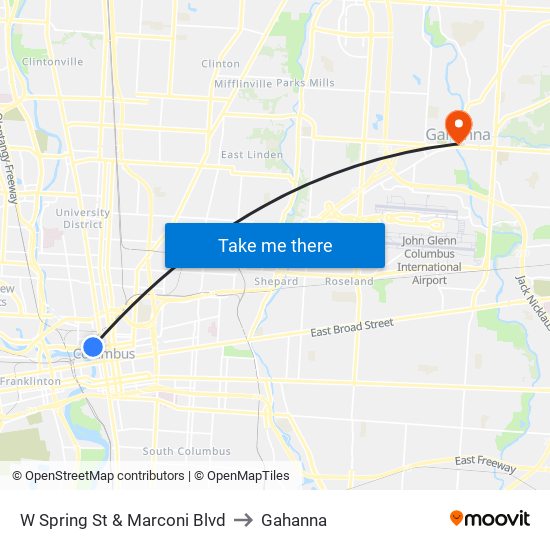 W Spring St & Marconi Blvd to Gahanna map