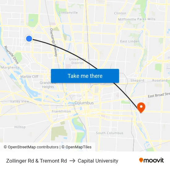 Zollinger Rd & Tremont Rd to Capital University map