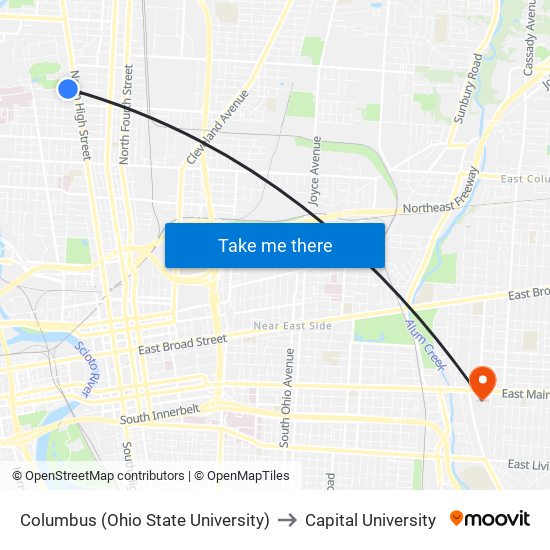 Columbus (Ohio State University) to Capital University map