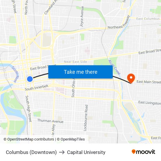 Columbus (Downtown) to Capital University map