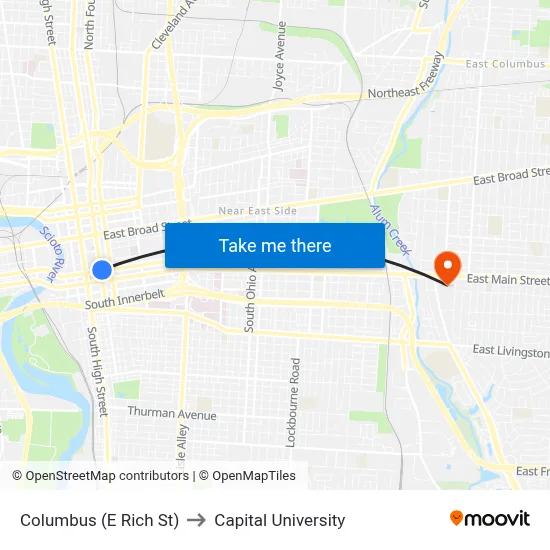 Columbus (E Rich St) to Capital University map