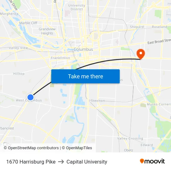 1670 Harrisburg Pike to Capital University map