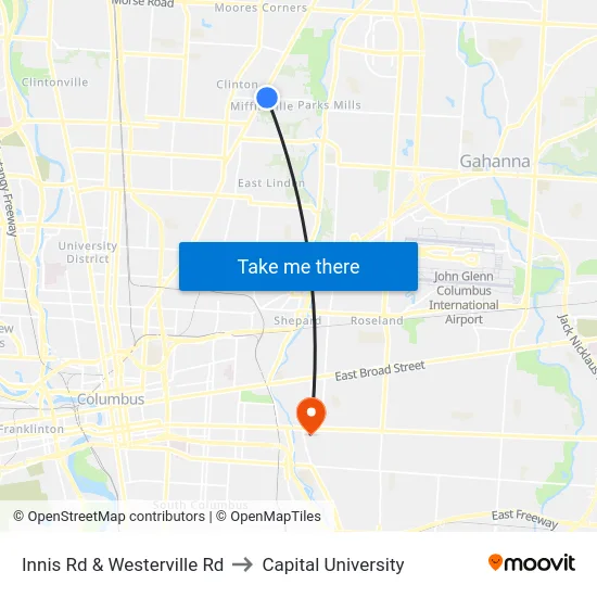 Innis Rd & Westerville Rd to Capital University map