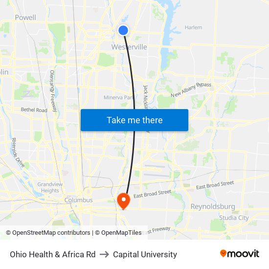 Ohio Health & Africa Rd to Capital University map