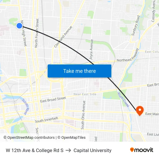 W 12th Ave & College Rd S to Capital University map