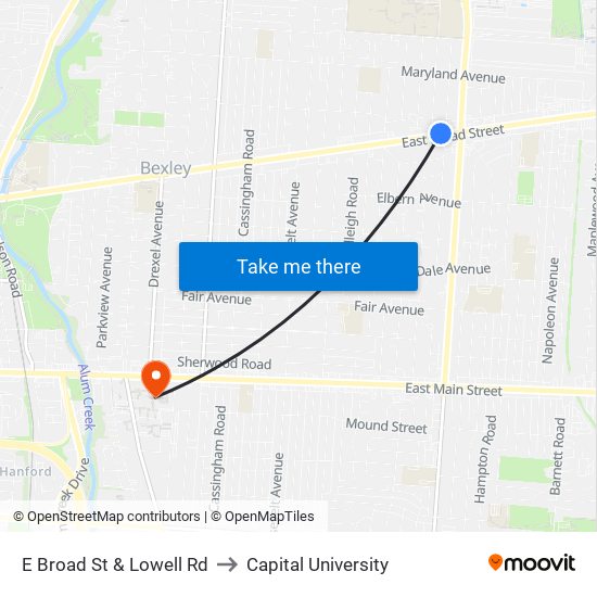 E Broad St & Lowell Rd to Capital University map