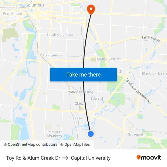 Toy Rd & Alum Creek Dr to Capital University map