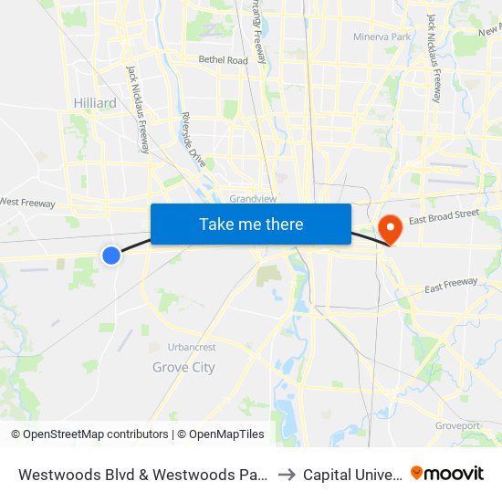 Westwoods Blvd & Westwoods Park & Ride to Capital University map