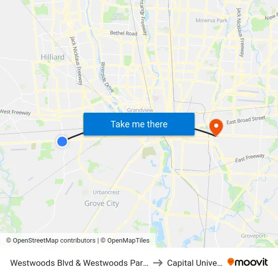 Westwoods Blvd & Westwoods Park & Ride to Capital University map