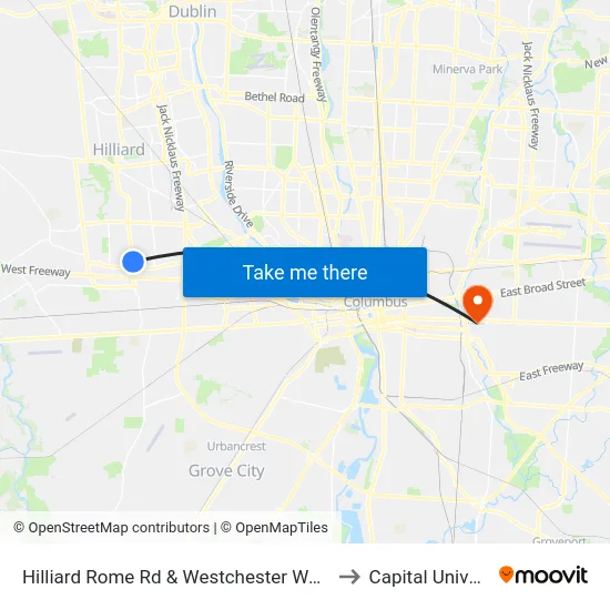Hilliard Rome Rd & Westchester Woods Blvd to Capital University map