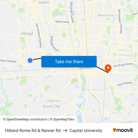 Hilliard Rome Rd & Renner Rd to Capital University map