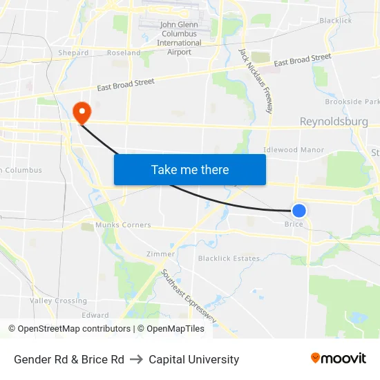 Gender Rd & Brice Rd to Capital University map