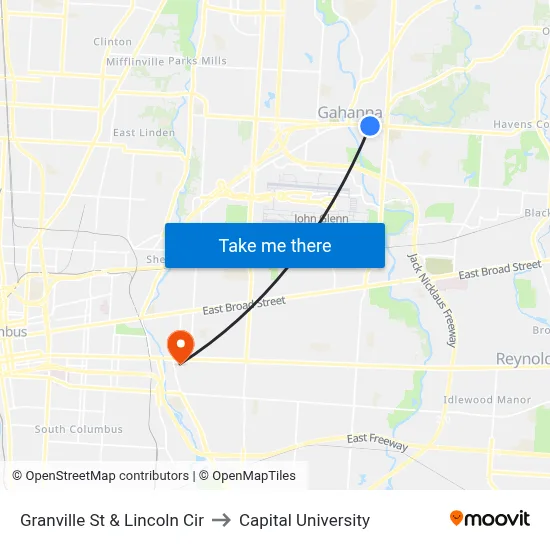 Granville St & Lincoln Cir to Capital University map