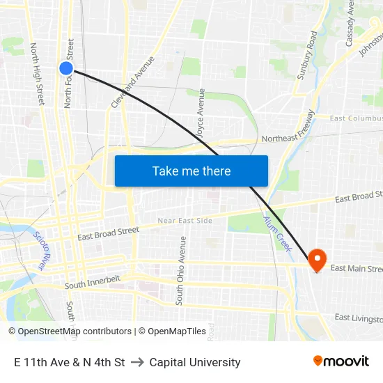 E 11th Ave & N 4th St to Capital University map