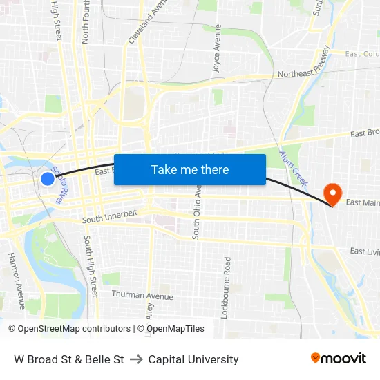 W Broad St & Belle St to Capital University map