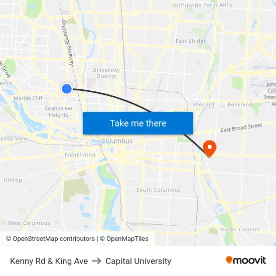 Kenny Rd & King Ave to Capital University map