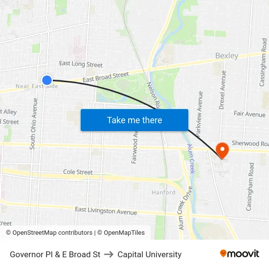Governor Pl & E Broad St to Capital University map