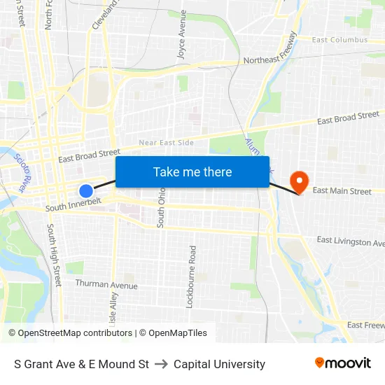 S Grant Ave & E Mound St to Capital University map