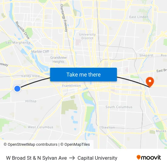 W Broad St & N Sylvan Ave to Capital University map