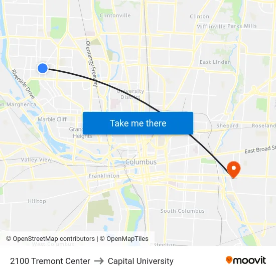 2100 Tremont Center to Capital University map