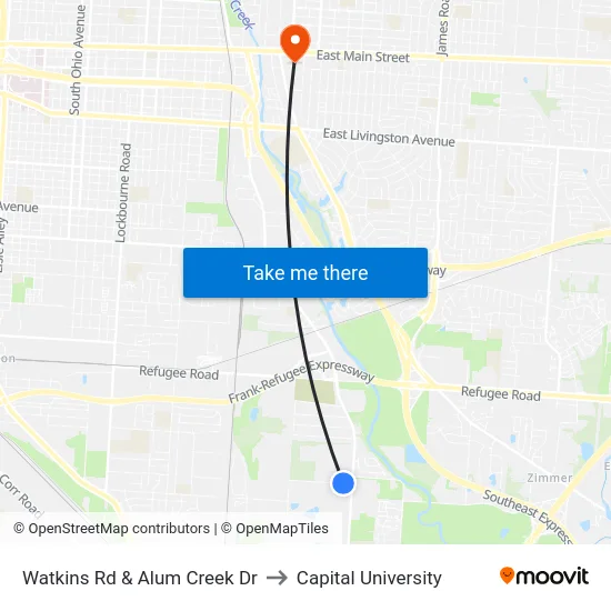 Watkins Rd & Alum Creek Dr to Capital University map