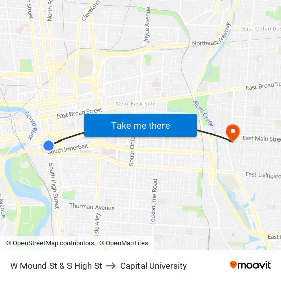 W Mound St & S High St to Capital University map