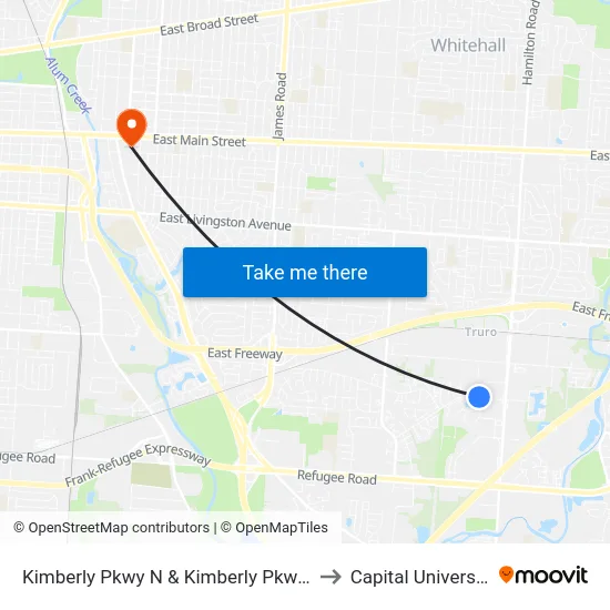 Kimberly Pkwy N & Kimberly Pkwy E to Capital University map