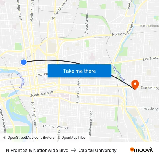 N Front St & Nationwide Blvd to Capital University map