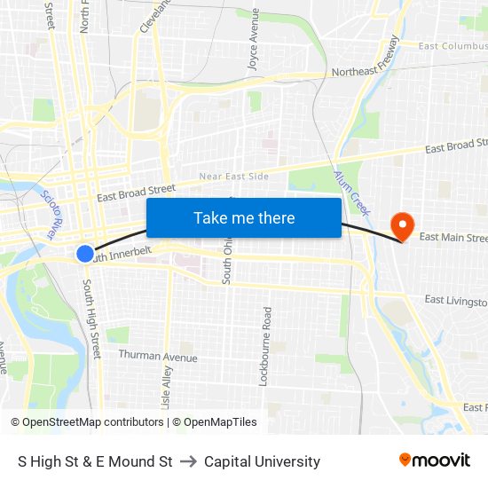 S High St & E Mound St to Capital University map