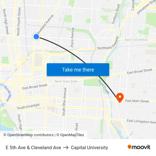 E 5th Ave & Cleveland Ave to Capital University map