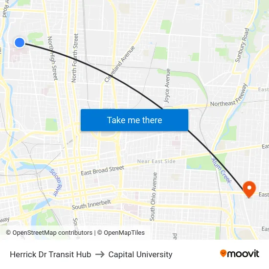 Herrick Dr Transit Hub to Capital University map