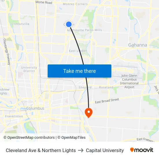 Cleveland Ave & Northern Lights to Capital University map