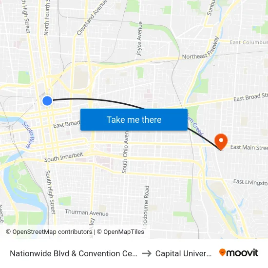 Nationwide Blvd & Convention Center to Capital University map