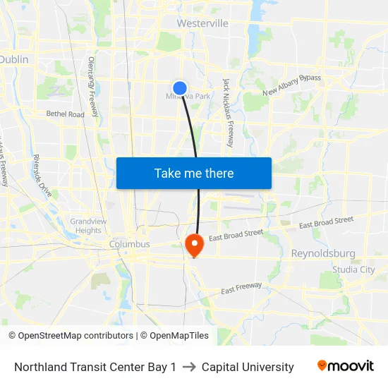 Northland Transit Center Bay 1 to Capital University map