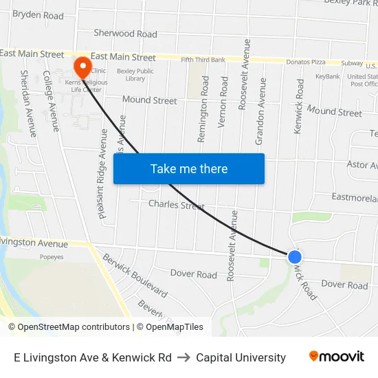 E Livingston Ave & Kenwick Rd to Capital University map