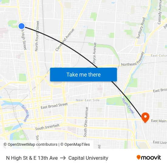 N High St & E 13th Ave to Capital University map