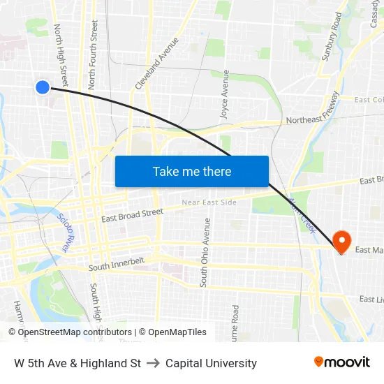 W 5th Ave & Highland St to Capital University map